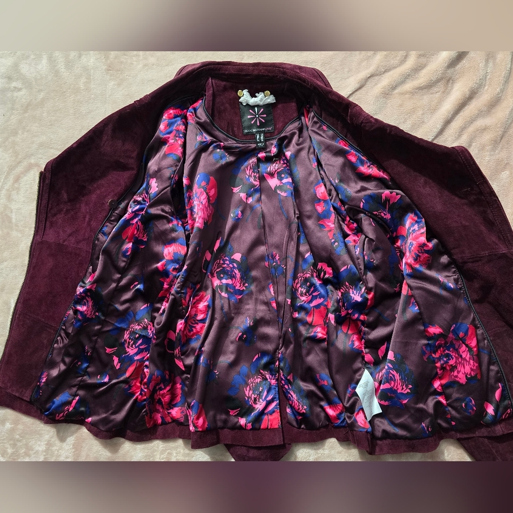 Isaac Mizrahi Live Suede Leather Moto Burgundy Wine Asymmetrical Zip Jacket US10 - Picture 3 of 10